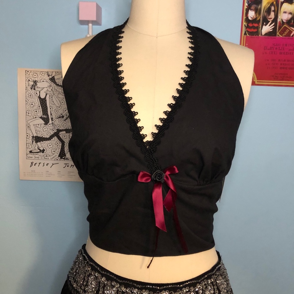 Whimsigoth Black Cotton Tie Halter Crop Retro Goth Heartbreaker Top M/L